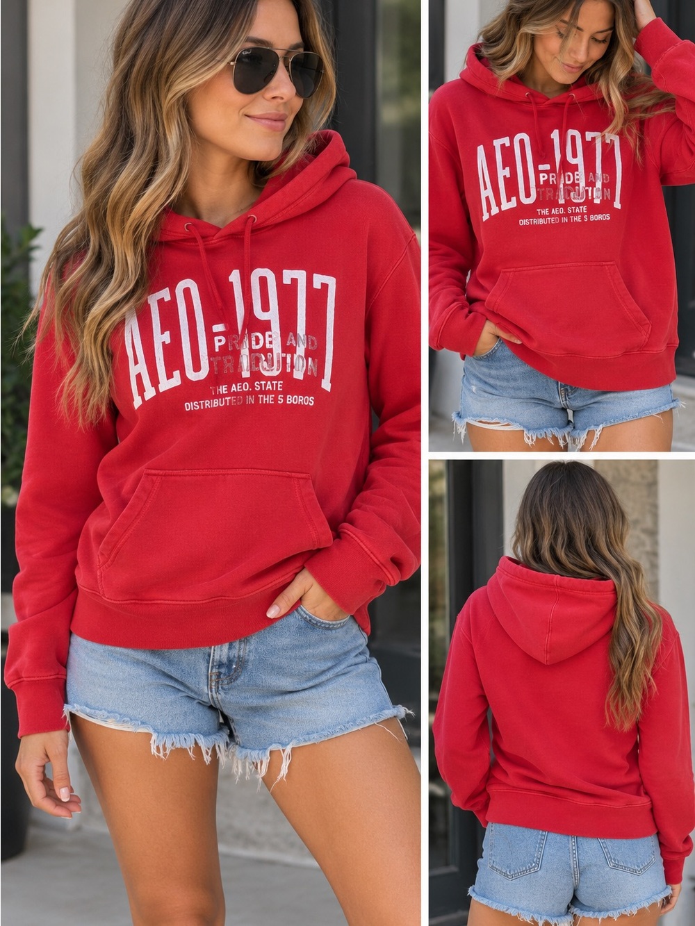 Red AEO-1977 Graphic Hoodie Y2K Chunky Casual Women's Pullover. XL